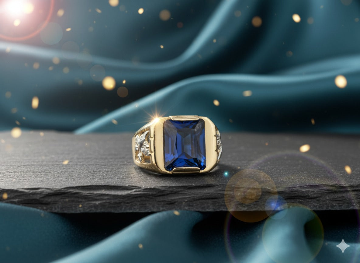 Anillo de Oro 14K con Piedra Azul Rectangular – Lujo y Distinción