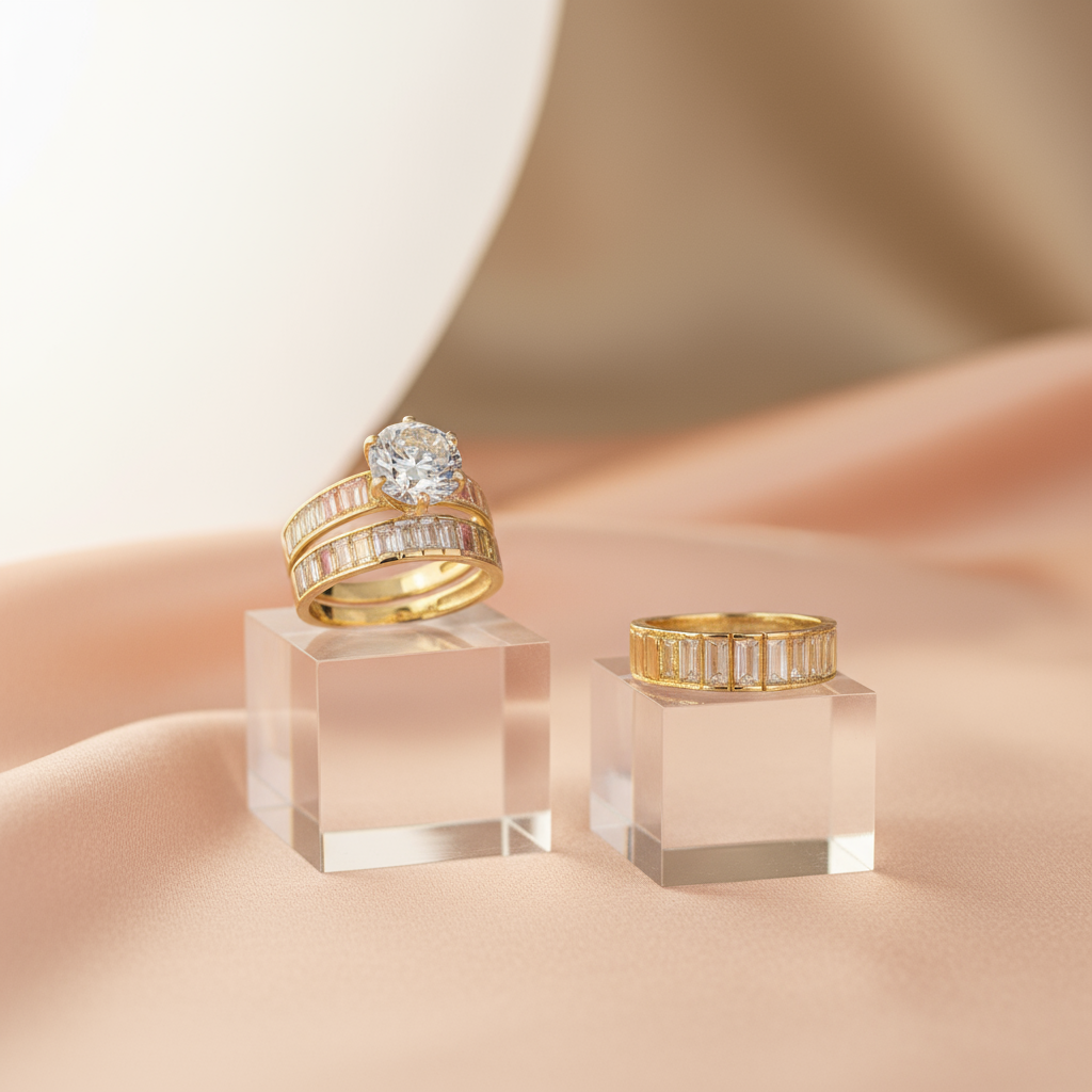 Set de Anillos Dorados con Corte Baguette y Circonias Central