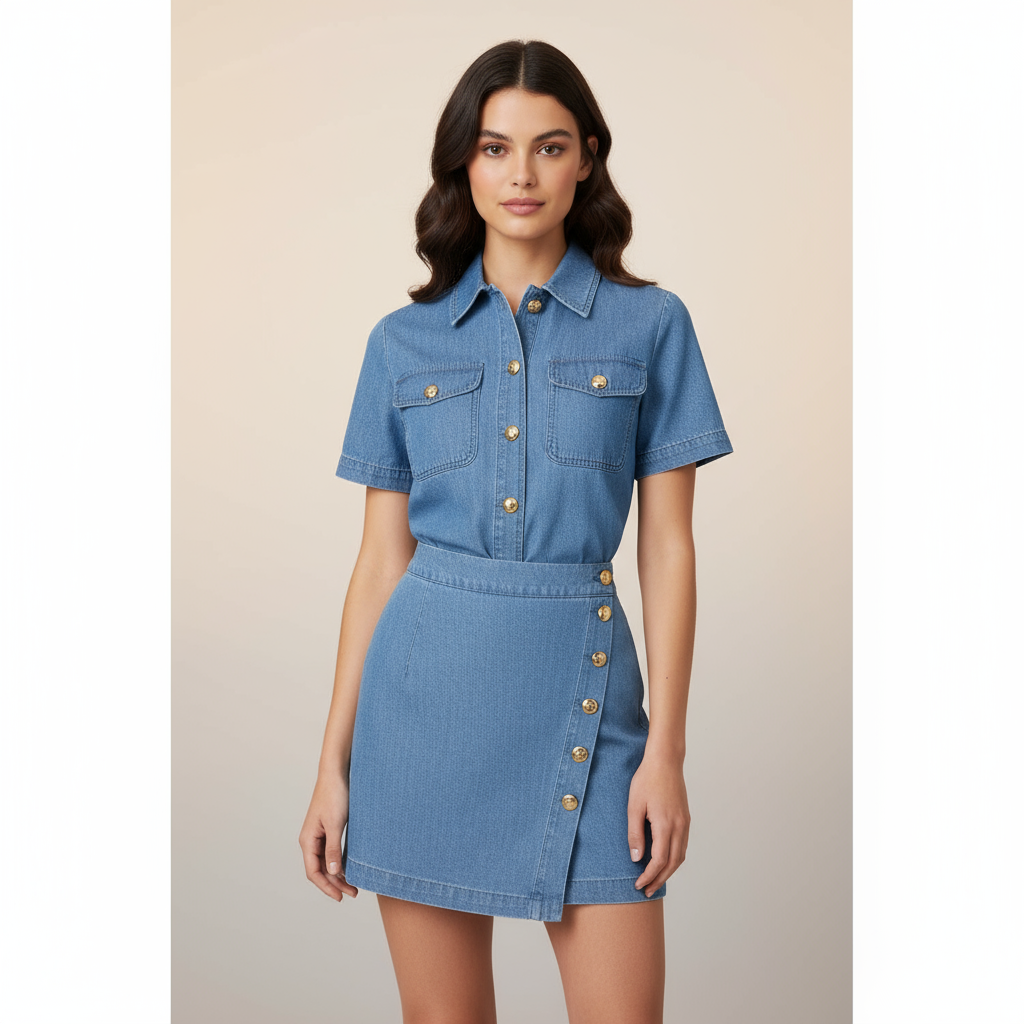 Conjunto en mezclilla azul con falda y blusa de botones dorados
