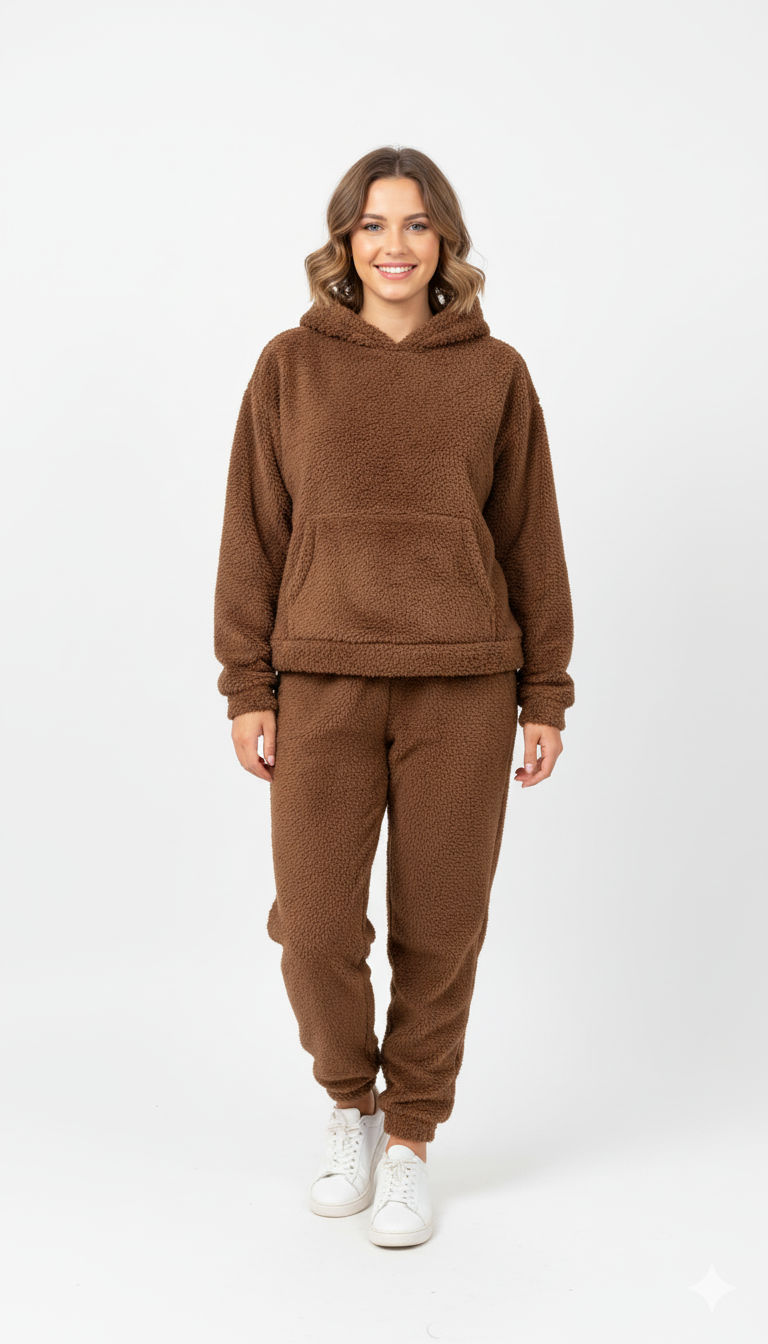 Conjunto Teddy Fleece Marrón Ultra Suave - Sudadera con Capucha y Pantalón Jogger
