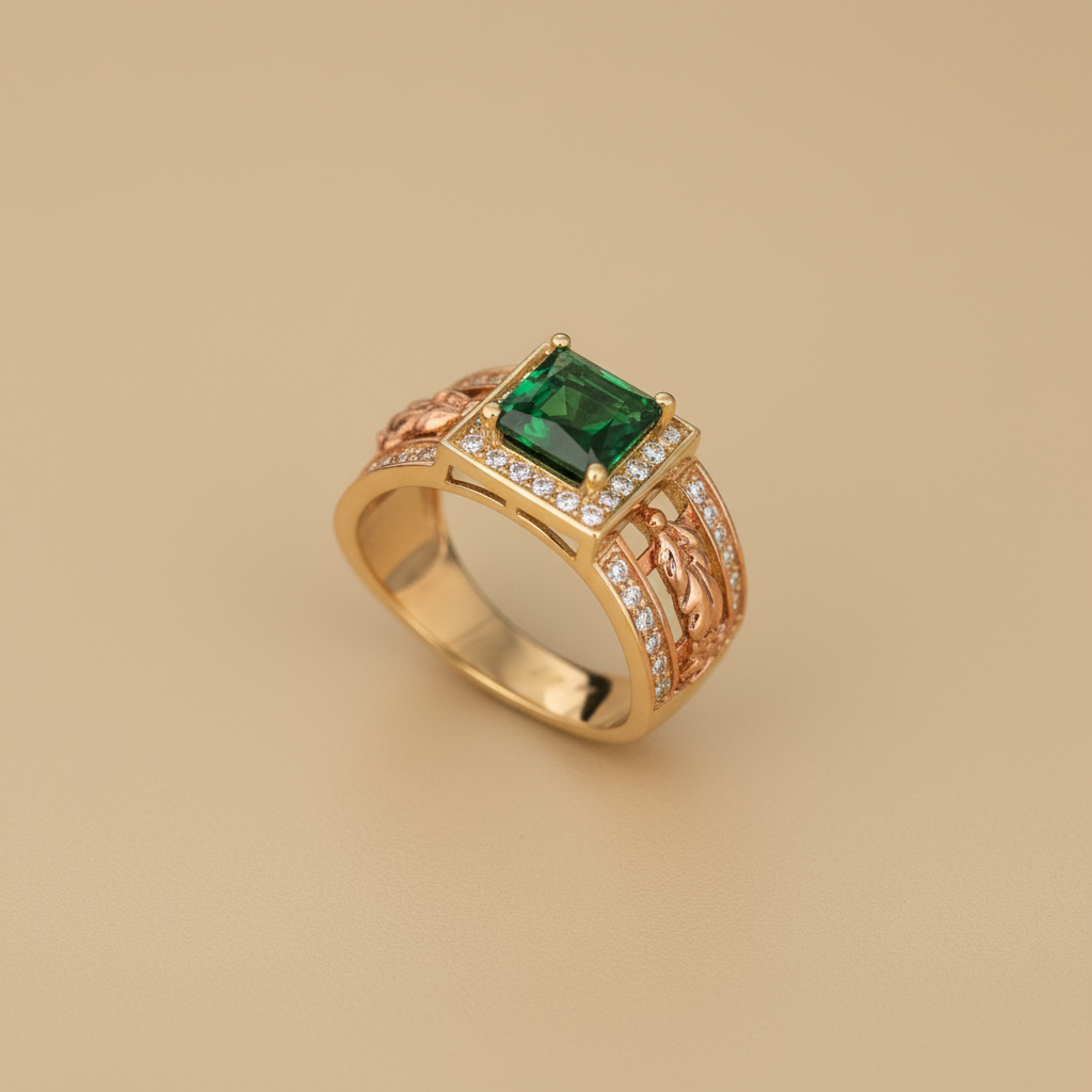 Anillo Real – verde Imperial con Detalles en Oro Rosa