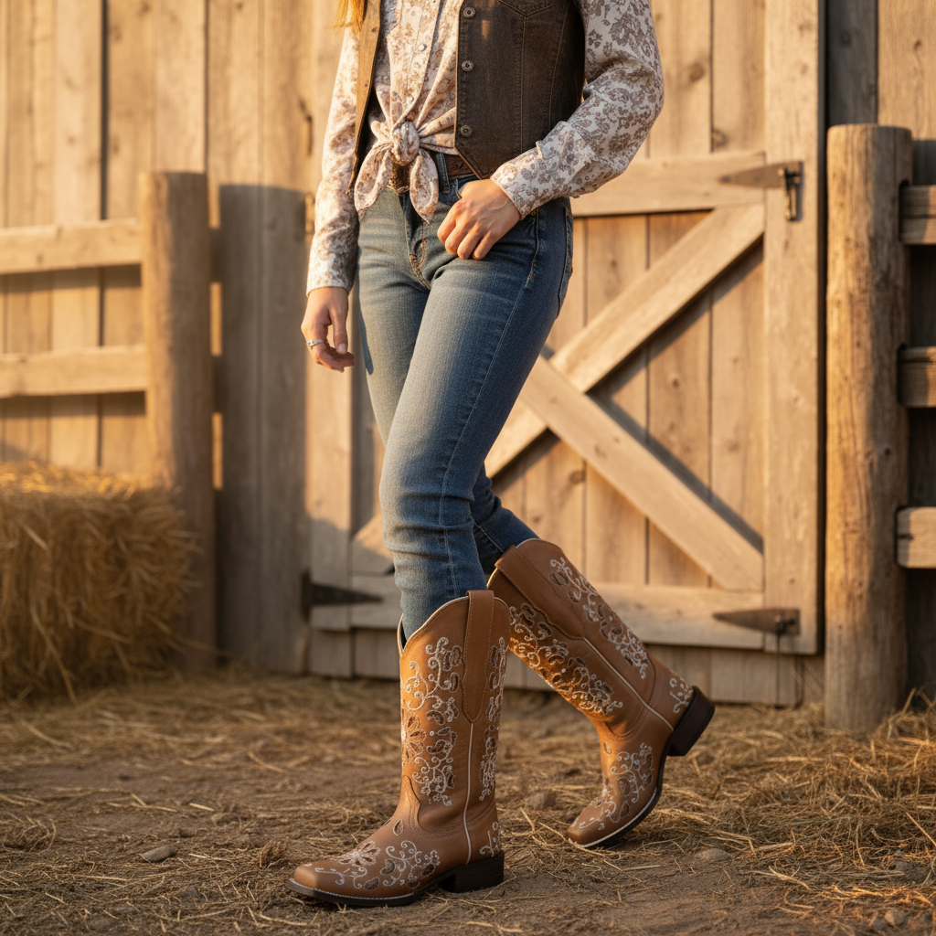 Botas vaqueras bordadas en cuero color miel para mujer