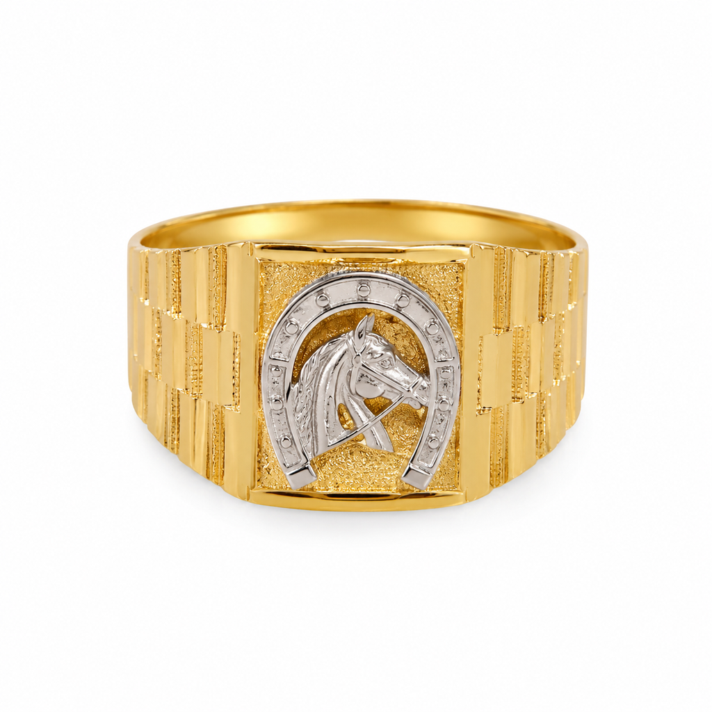 Anillo de Oro 14K con Diseño de Herradura y Caballo en Oro Blanco