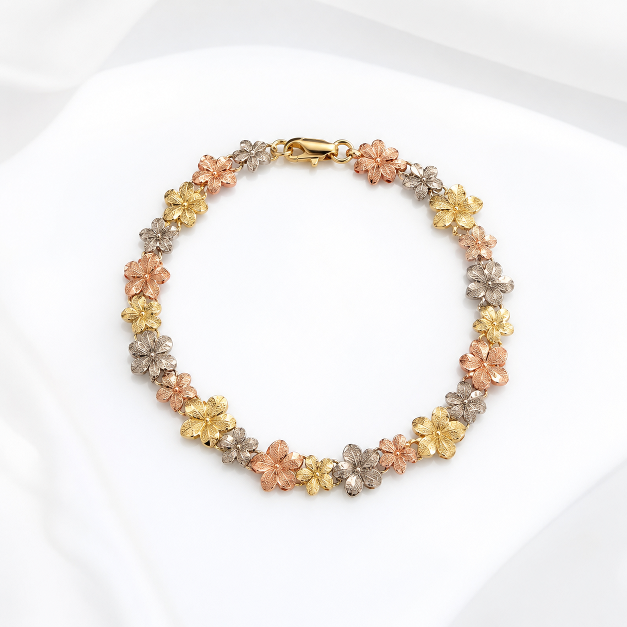 Pulsera Oro 14K de Flores - Tricolor