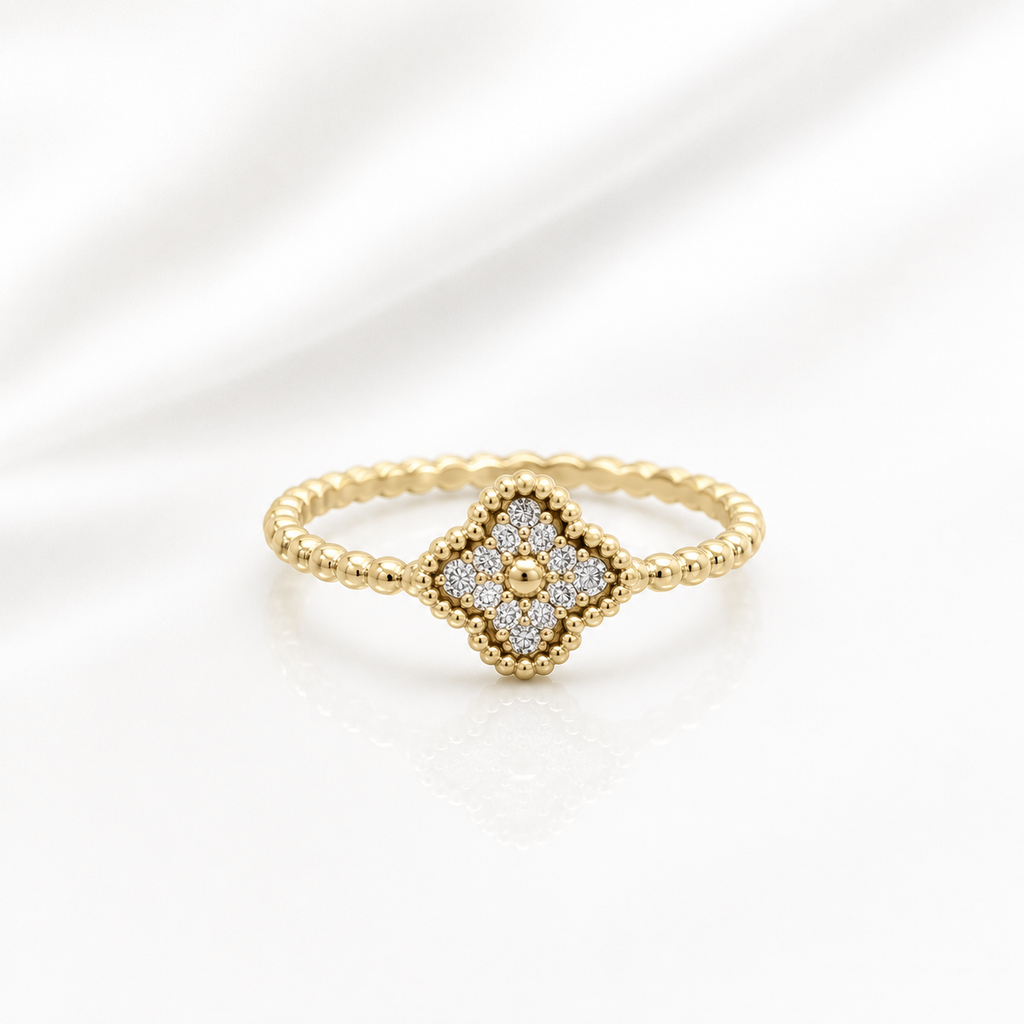 Anillo Flor con Circonias en Oro de 14K