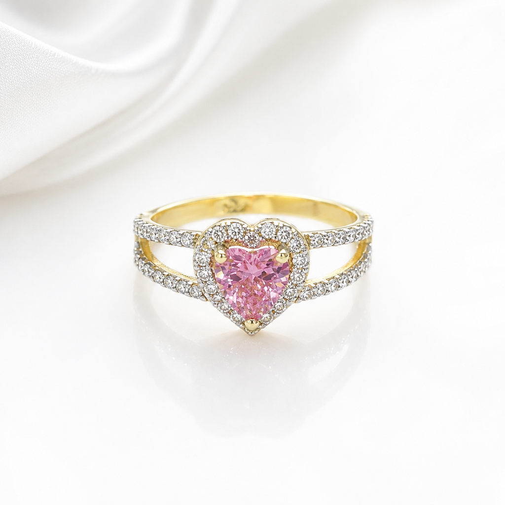 Anillo de Corazón Rosa en Oro 14K con Circonias