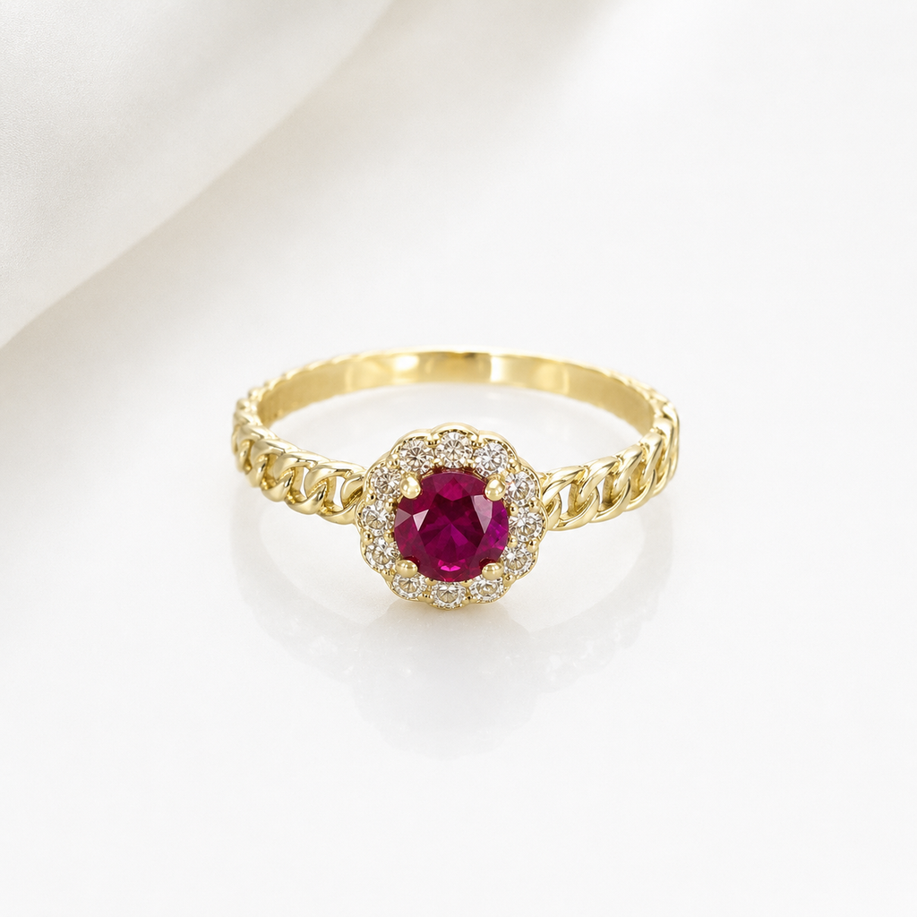 Anillo de Oro 14K con Circonia Roja