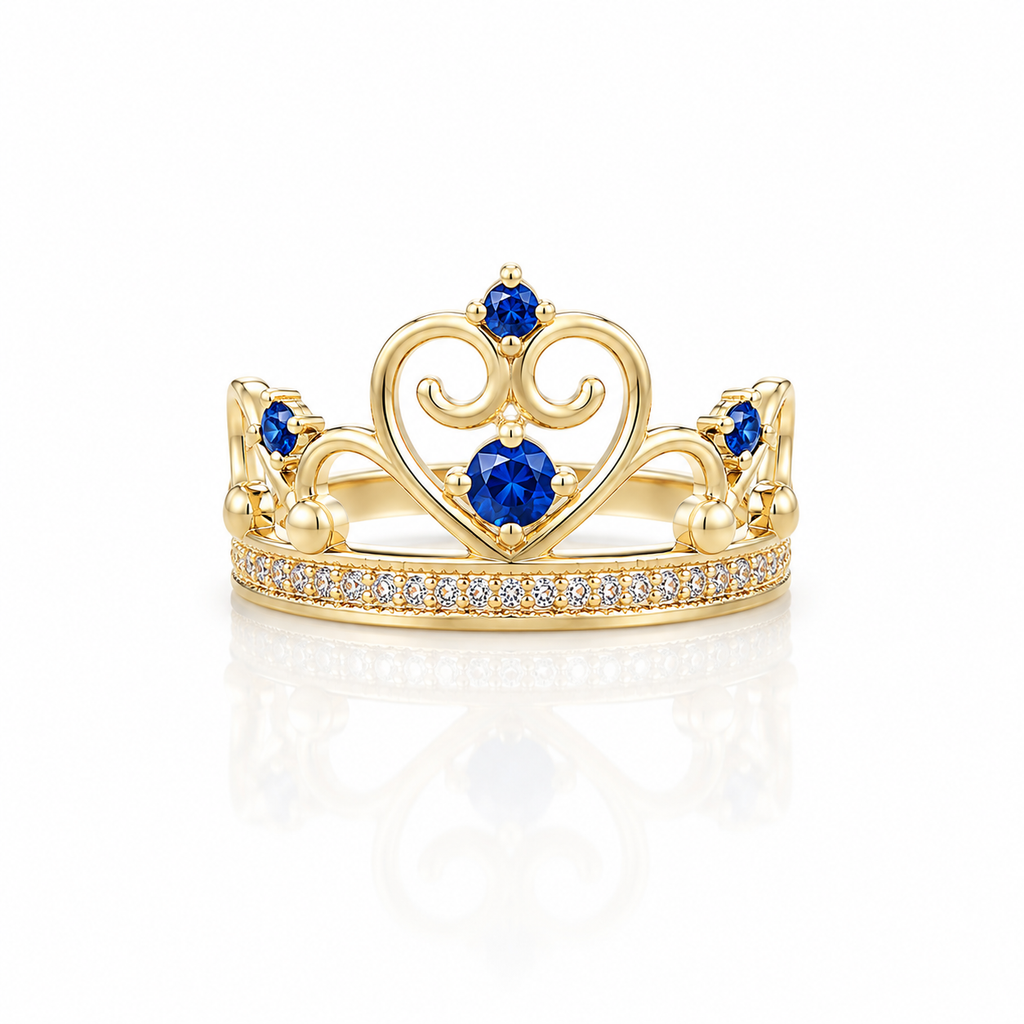 Anillo Corona de Oro 14K con Circonias Azules