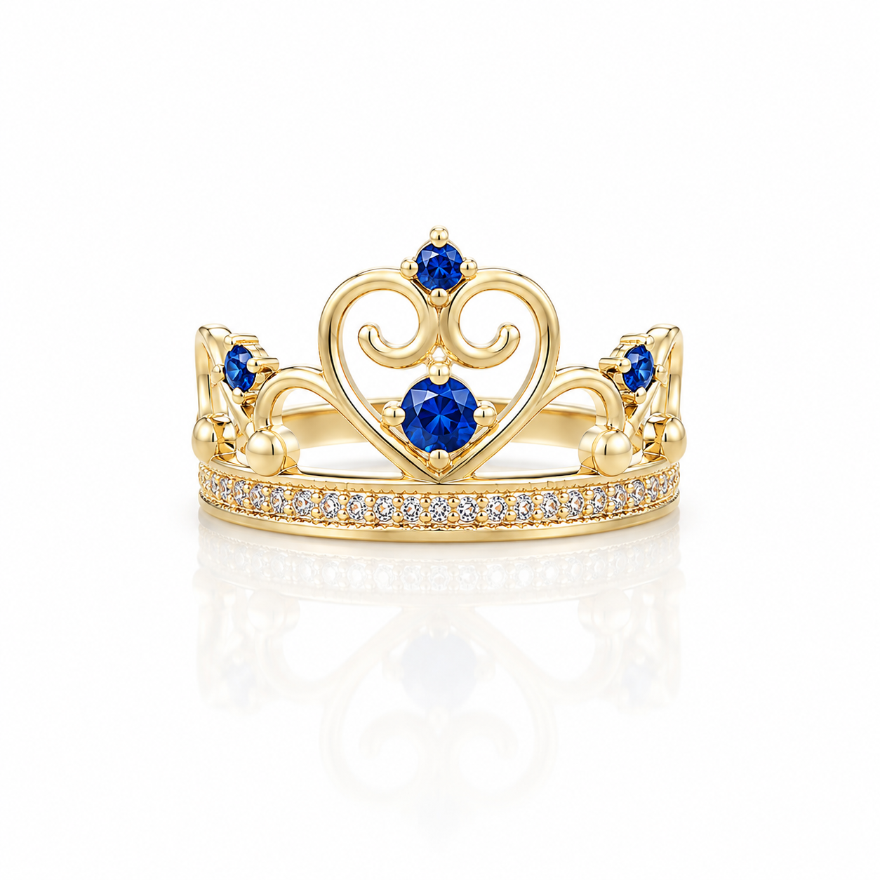 Anillo Corona de Oro 14K con Circonias Azules