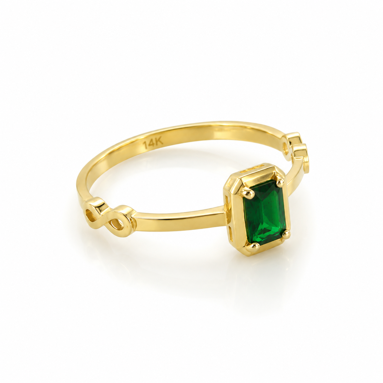 Anillo de Oro 14K con Piedra Verde y Detalles de Infinito