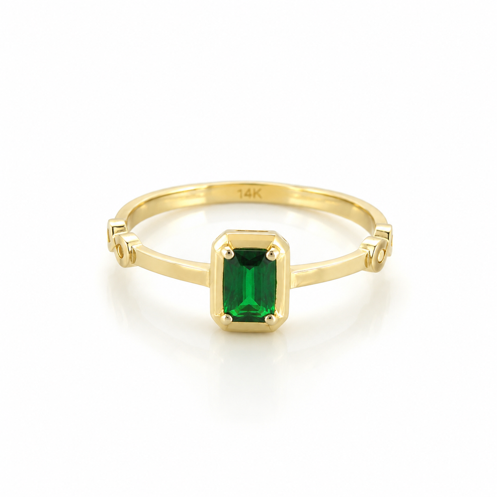 Anillo de Oro 14K con Piedra Verde y Detalles de Infinito