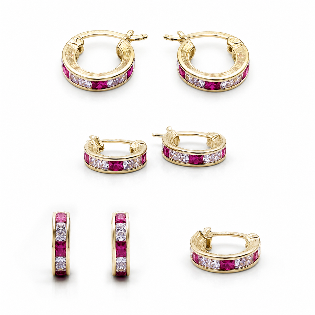 Aretes Huggie de Oro 14K con Circonias Rosas y Blancas