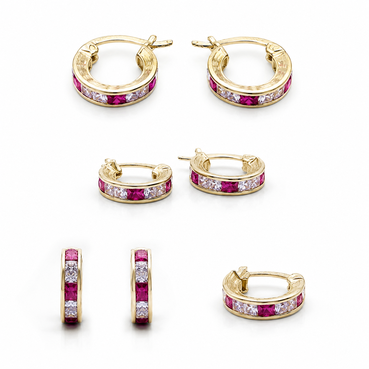 Aretes Huggie de Oro 14K con Circonias Rosas y Blancas