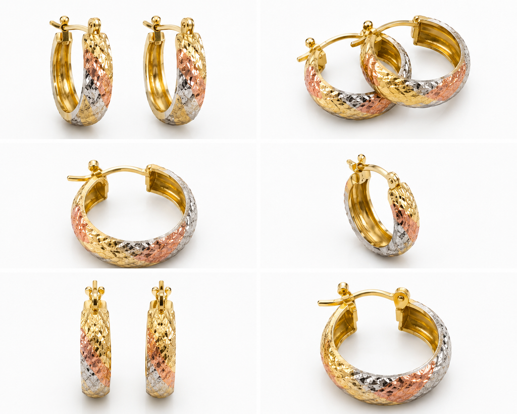 Aretes de Oro 14K Tricolor con Acabado Diamantado