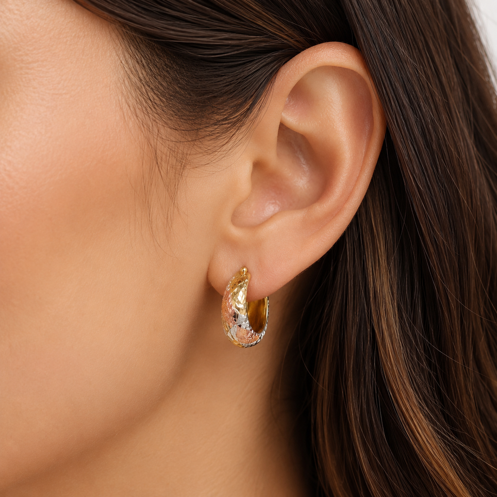 Aretes de Oro 14K Tricolor con Acabado Diamantado
