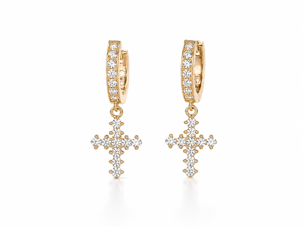 Aretes tipo huggie con cruz de circonias – Oro 14K