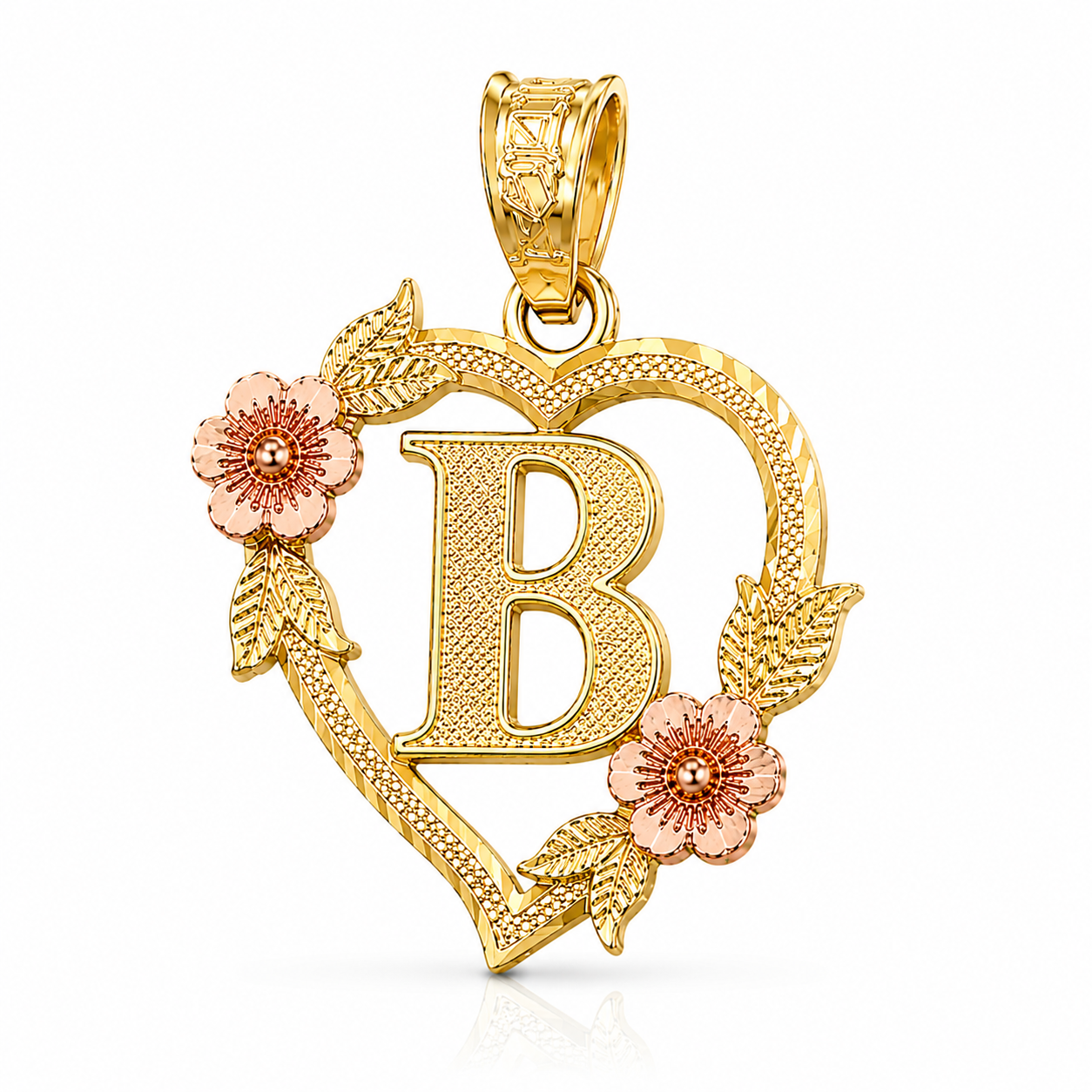 Dije de Letra en Oro 14K – Diseño Floral Corazón