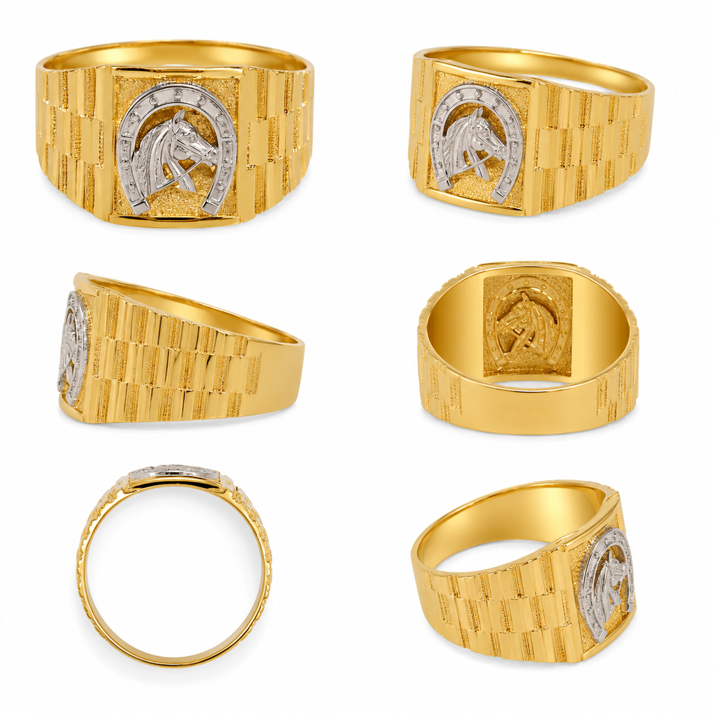 Anillo de Oro 14K con Diseño de Herradura y Caballo en Oro Blanco