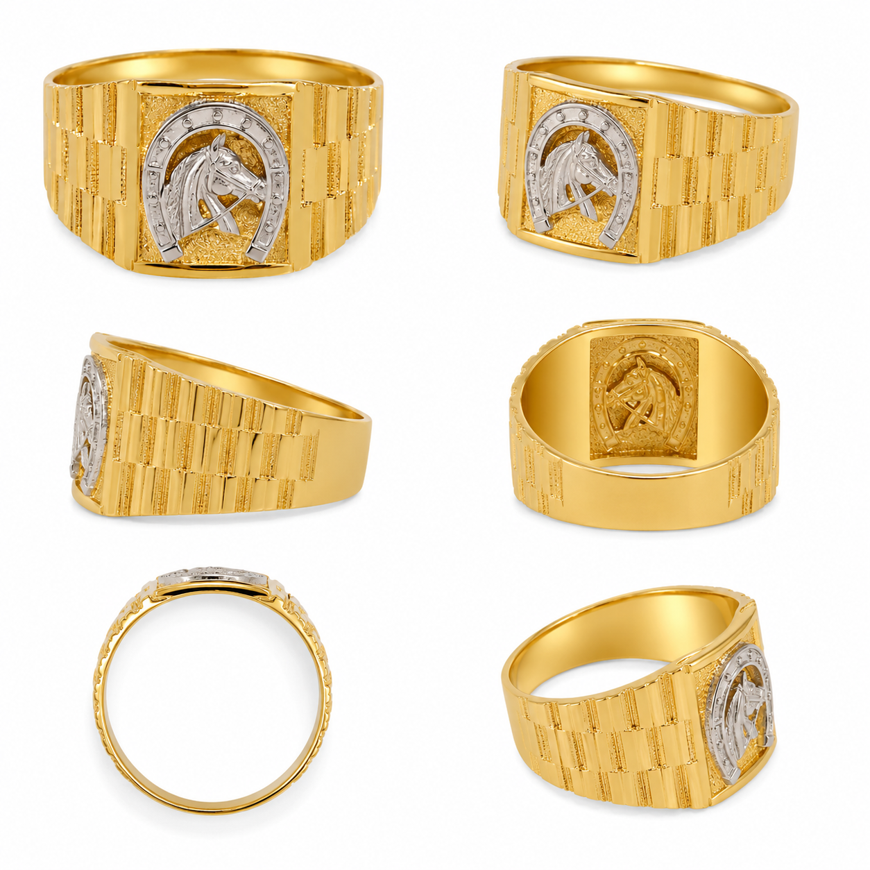 Anillo de Oro 14K con Diseño de Herradura y Caballo en Oro Blanco