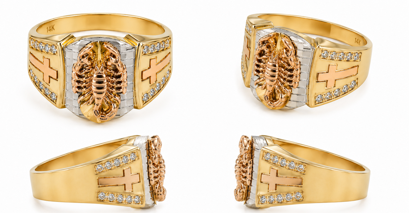 Anillo Oro 14K Escorpión Tricolor