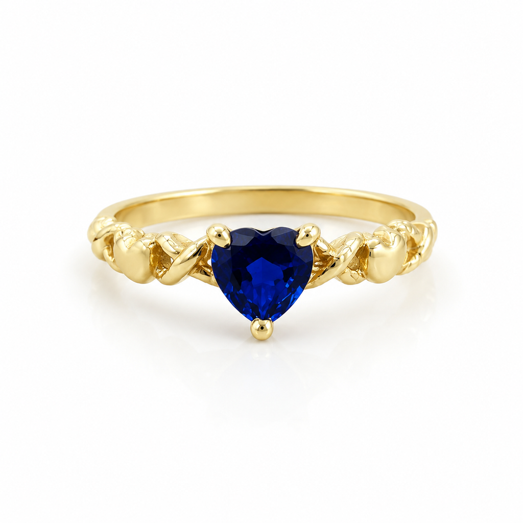 Anillo de Oro 14K con Piedra Azul en Forma de Corazón