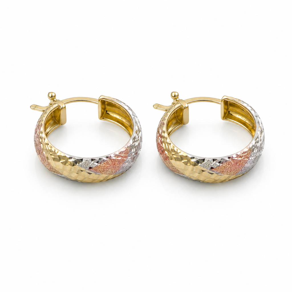 Aretes de Oro 14K Tricolor con Acabado Diamantado