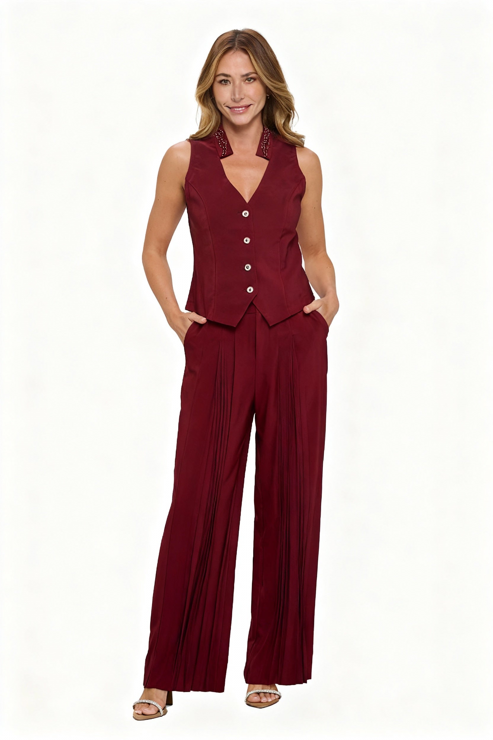 Conjunto de Chaleco y Pantalón de Vestir Everlyn - Color Vino Stretch