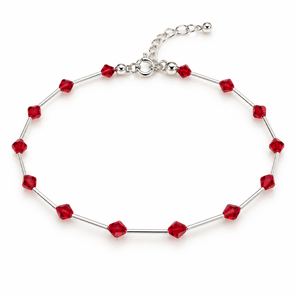Tobillera con Cuentas Rojas Swarovski – Elegancia Sutil y Toque de Pasión