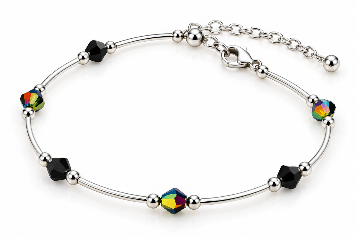 Tobillera de Plata con Cristales Negros y Tornasolados