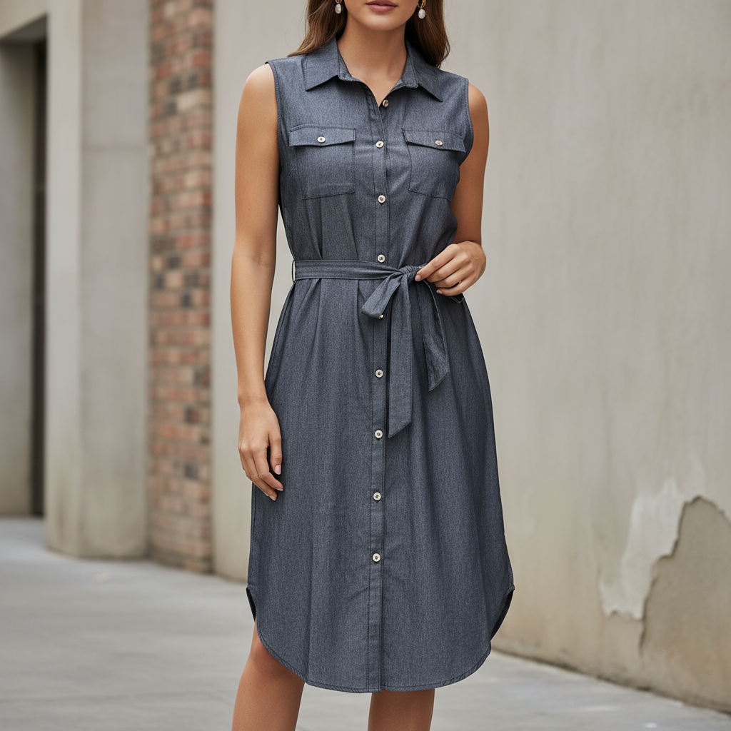 Vestido camisero sin mangas en mezclilla azul con cinturón