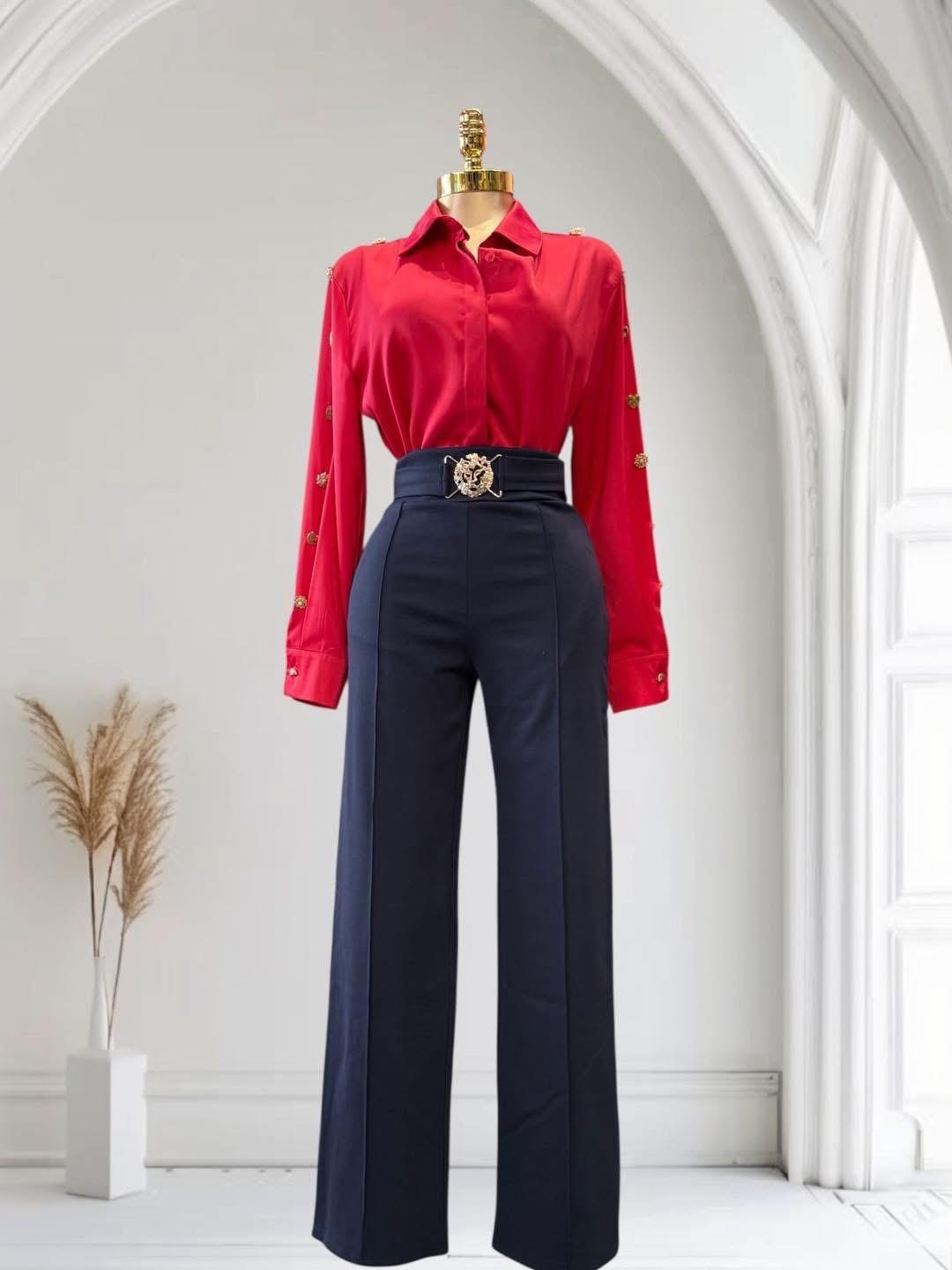 Set Power Chic | Camisa Roja Vibrante con Botones Dorados & Pantalón Palazzo Azul Marino Stretch con Cinturón