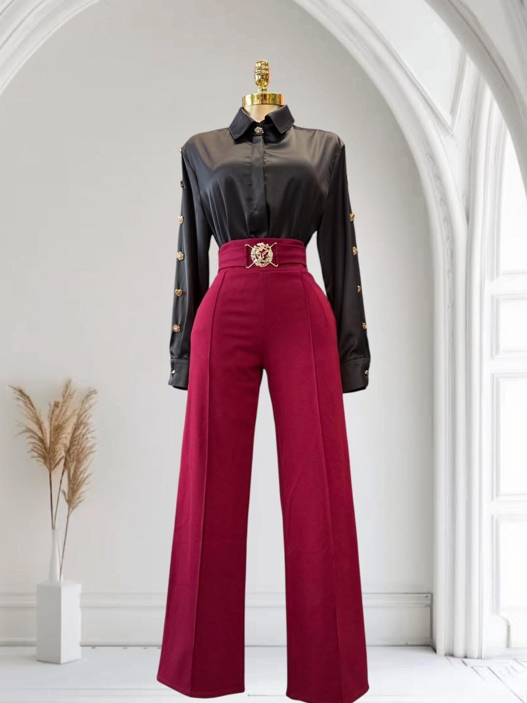 Conjunto Elegante SEDA | Camisa Negra de Botones Dorados & Pantalón Palazzo Vino Stretch con Cinturón Detalle