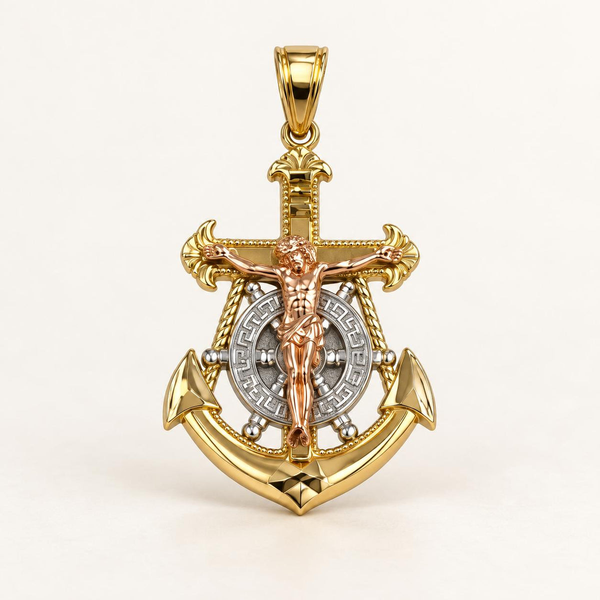 Dije de Cristo Crucificado con Ancla en Oro 14K